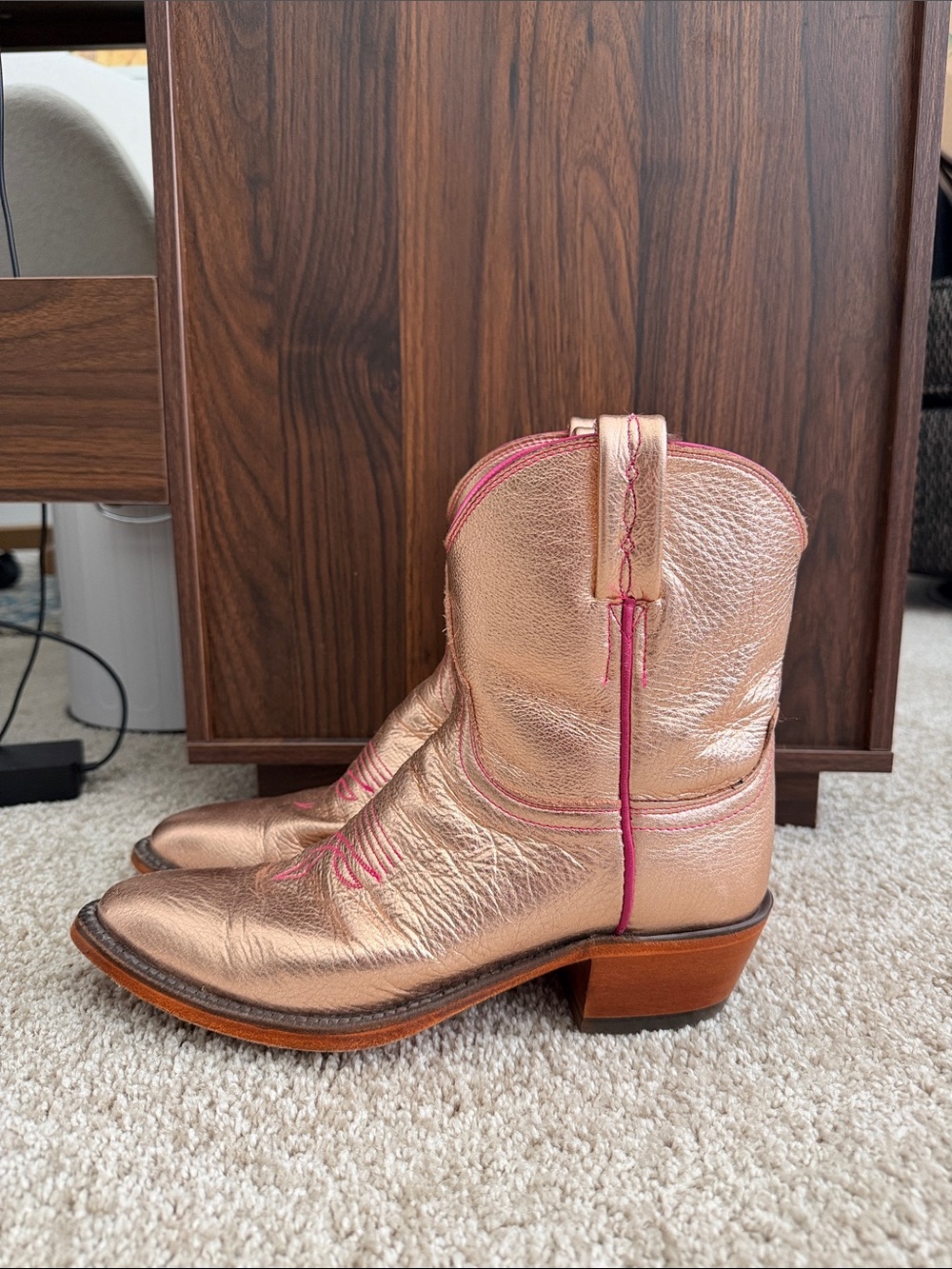 Lucchese Metallic Rose Gold Gabby Booties with Pink Stitching